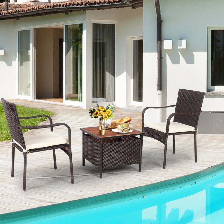 3 Pieces Patio Rattan Furniture Bistro Set with Wood Side Table and Stackable ChairCostway Gallery View 8 of 23
