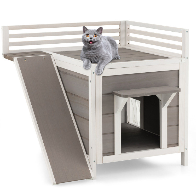Outdoor Wooden Feral Cat House with Balcony and Slide-GrayCostway Gallery View 9 of 11