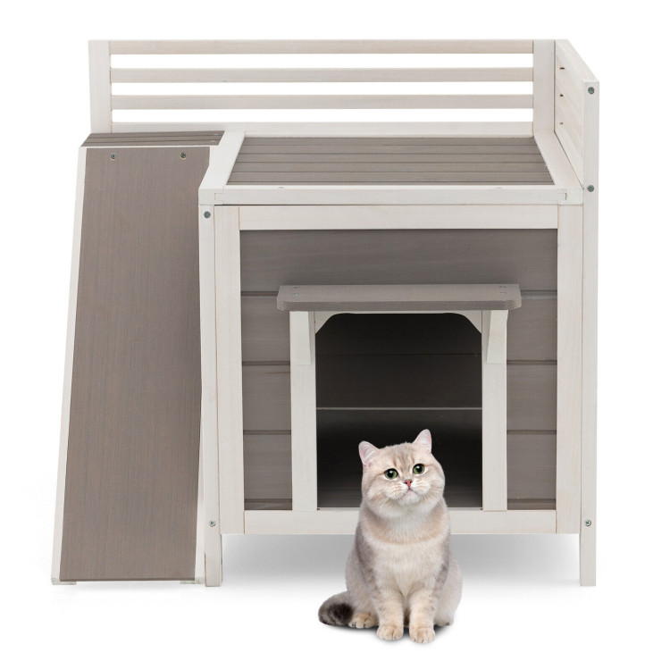 Outdoor Wooden Feral Cat House with Balcony and Slide-GrayCostway Gallery View 8 of 11