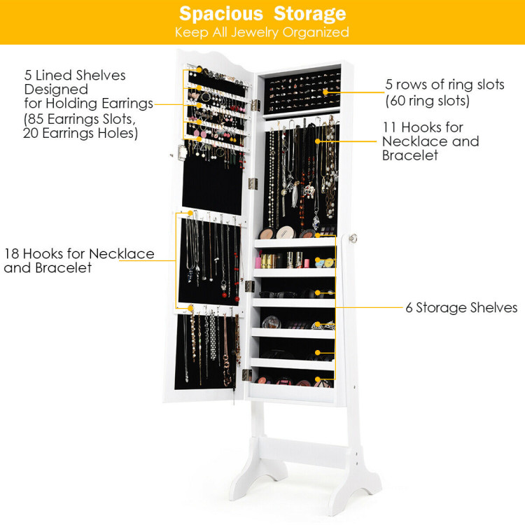4-Angle Tilting Mirrored Lockable Jewelry Cabinet with Large Storage Capacity-WhiteCostway Gallery View 8 of 12