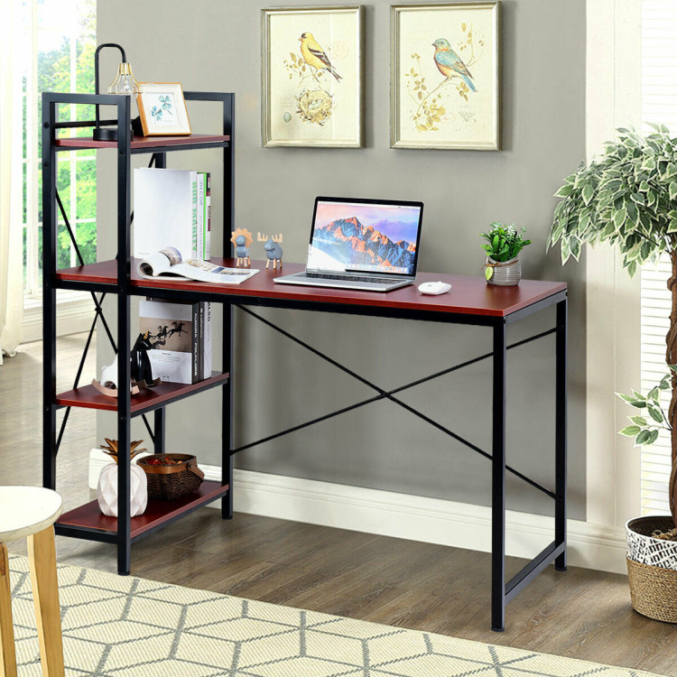 47.5 Inch Writing Study Computer Desk with 4-Tier Shelves-Rustic brownCostway Gallery View 2 of 11