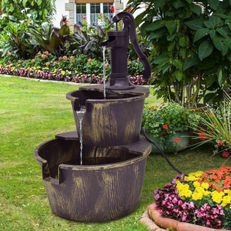 2 Tiers Outdoor Barrel Waterfall Fountain with PumpCostway Gallery View 2 of 9