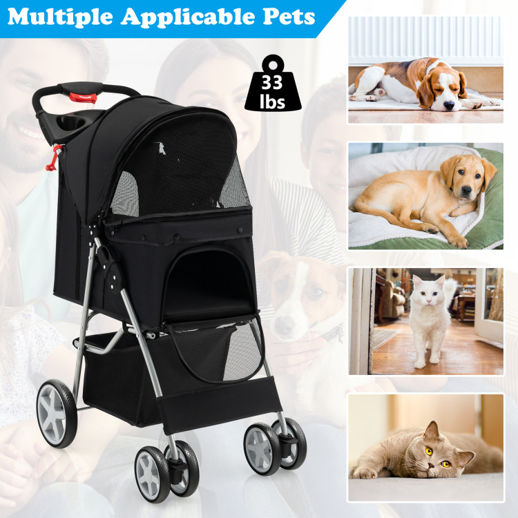 4 Wheels Pet Stroller 2 Cages Stroller Cat Dog Travel Folding Carrier Black