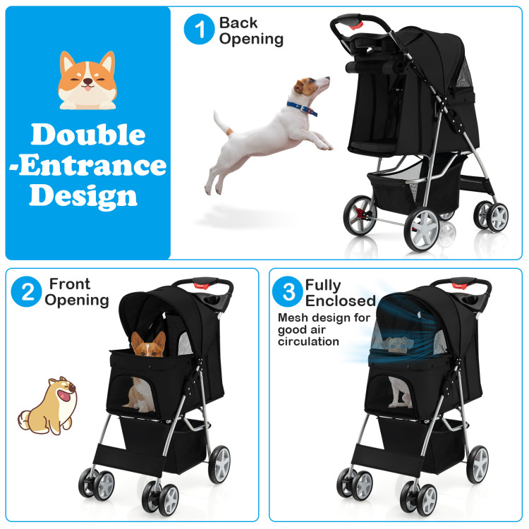 Folding Pet Stroller with Storage Basket and Adjustable Canopy - Costway