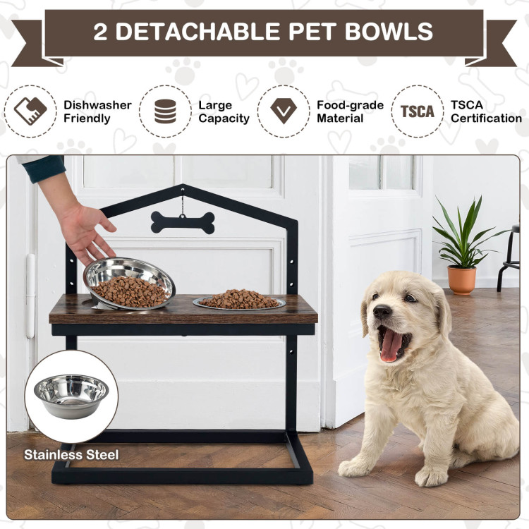 5 Heights Elevated Pet Feeder with 2 Detachable Stainless Steel Bowl-BrownCostway Gallery View 3 of 10