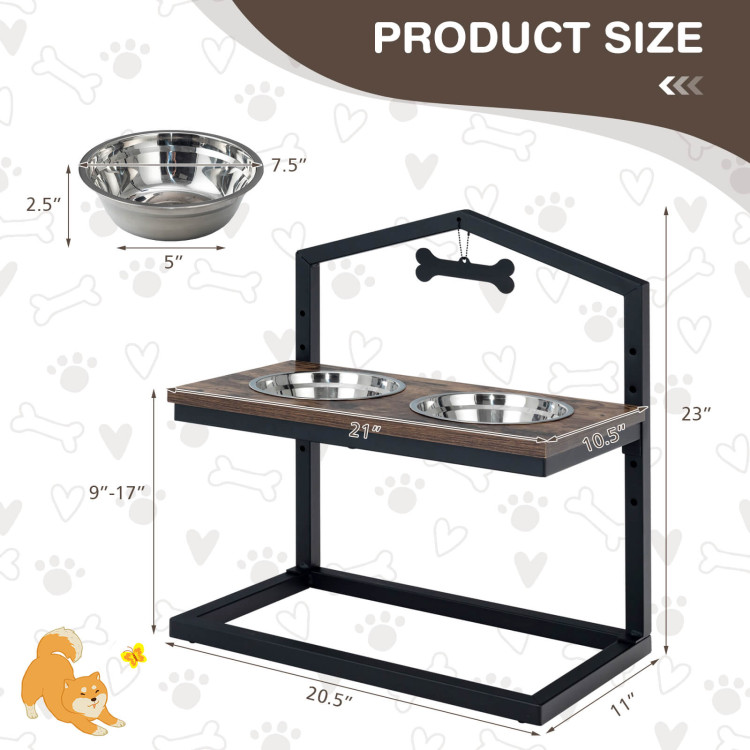 5 Heights Elevated Pet Feeder with 2 Detachable Stainless Steel Bowl-BrownCostway Gallery View 4 of 10