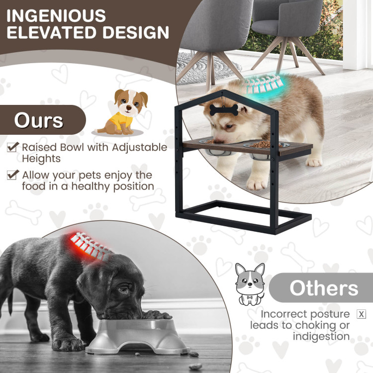 5 Heights Elevated Pet Feeder with 2 Detachable Stainless Steel Bowl-BrownCostway Gallery View 5 of 10