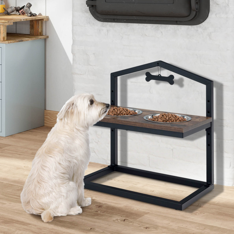 5 Heights Elevated Pet Feeder with 2 Detachable Stainless Steel Bowl-BrownCostway Gallery View 6 of 10