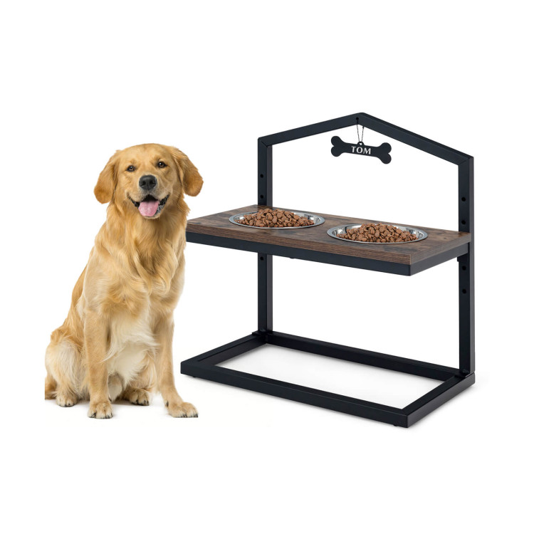 5 Heights Elevated Pet Feeder with 2 Detachable Stainless Steel Bowl-BrownCostway Gallery View 7 of 10