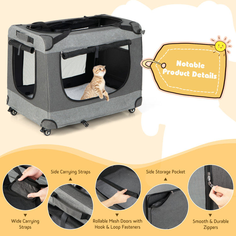 Portable Folding Dog Soft Crate Cat Carrier with 4 Lockable Wheels