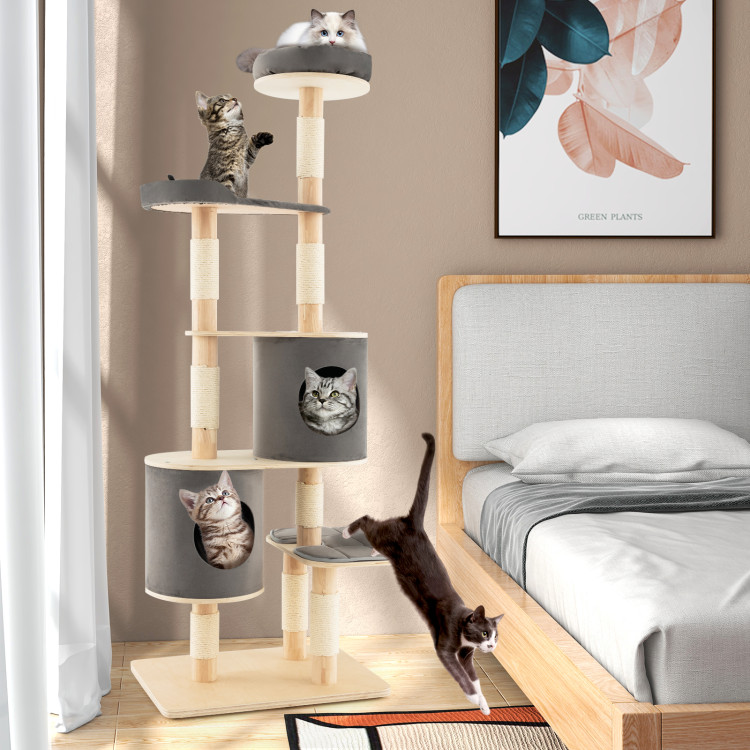6-Tier Wooden Cat Tree with 2 Removeable Condos Platforms and Perch-Brown丨Costway