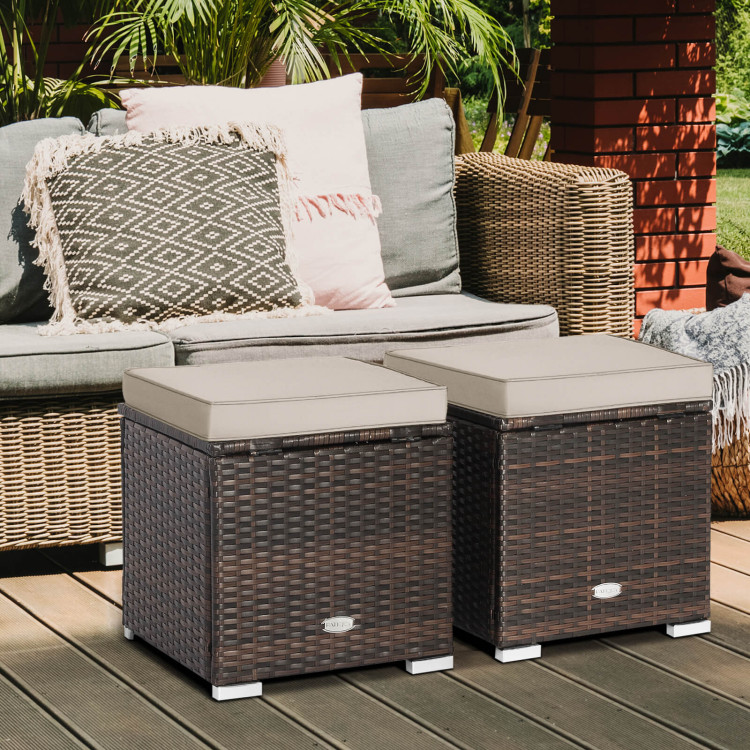 2 Pieces Patio Ottoman with Removable Cushions-BrownCostway Gallery View 2 of 9