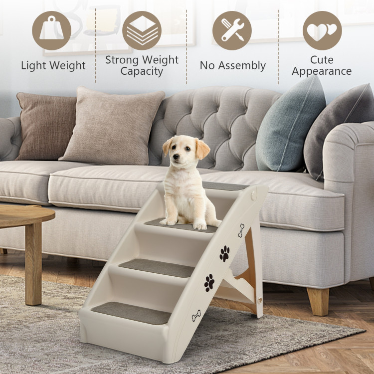 Collapsible Plastic Pet Stairs 4 Step Ladder for Small Dog and Cats-BeigeCostway Gallery View 3 of 10