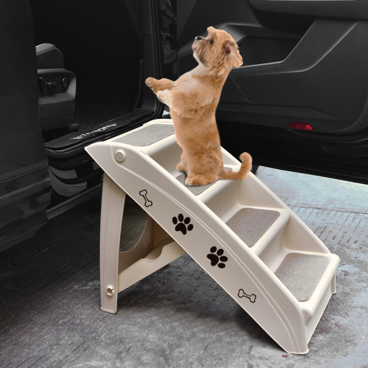 Collapsible Plastic Pet Stairs 4 Step Ladder for Small Dog and Cats-BeigeCostway Gallery View 2 of 10