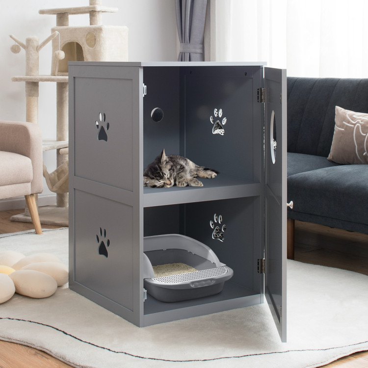 2-tier Litter Hidden Cat House With Anti-toppling Device-GrayCostway Gallery View 7 of 10