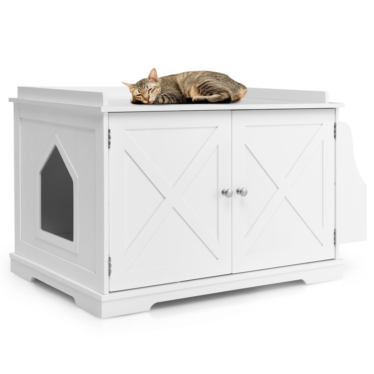 Large Wooden Cat Litter Box Enclosure with the Storage Rack-WhiteCostway Gallery View 3 of 10