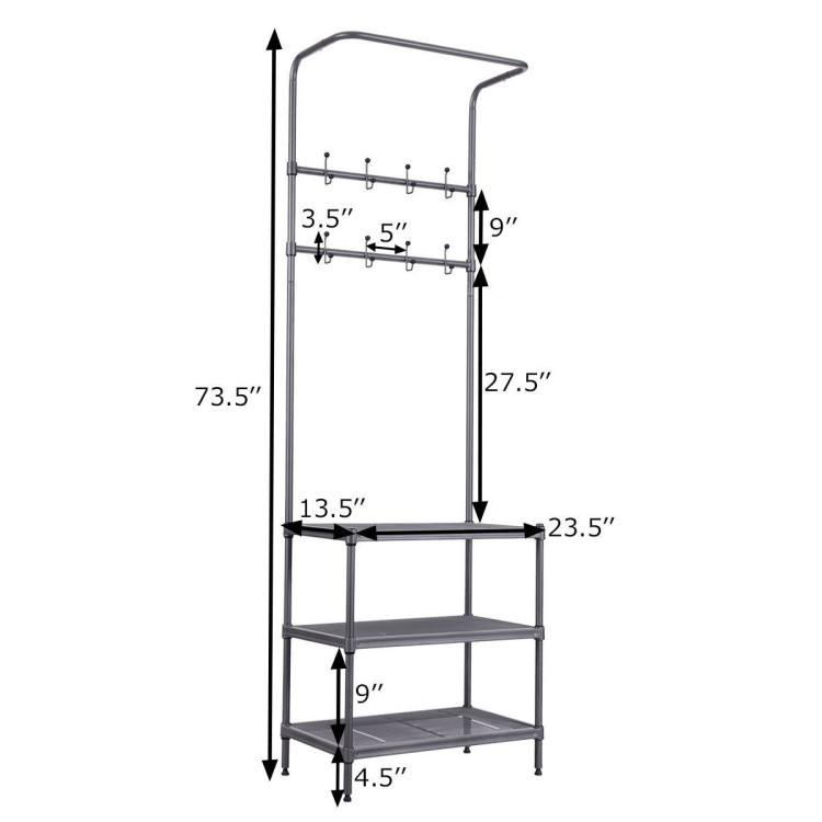 3-in-1 Coat Rack Shoe Bench with Storage Shelves and Adjustable Foot PadsCostway Gallery View 8 of 11