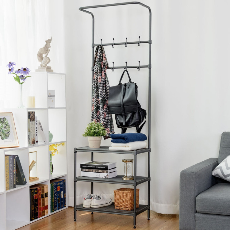 3-in-1 Coat Rack Shoe Bench with Storage Shelves and Adjustable Foot PadsCostway Gallery View 3 of 11