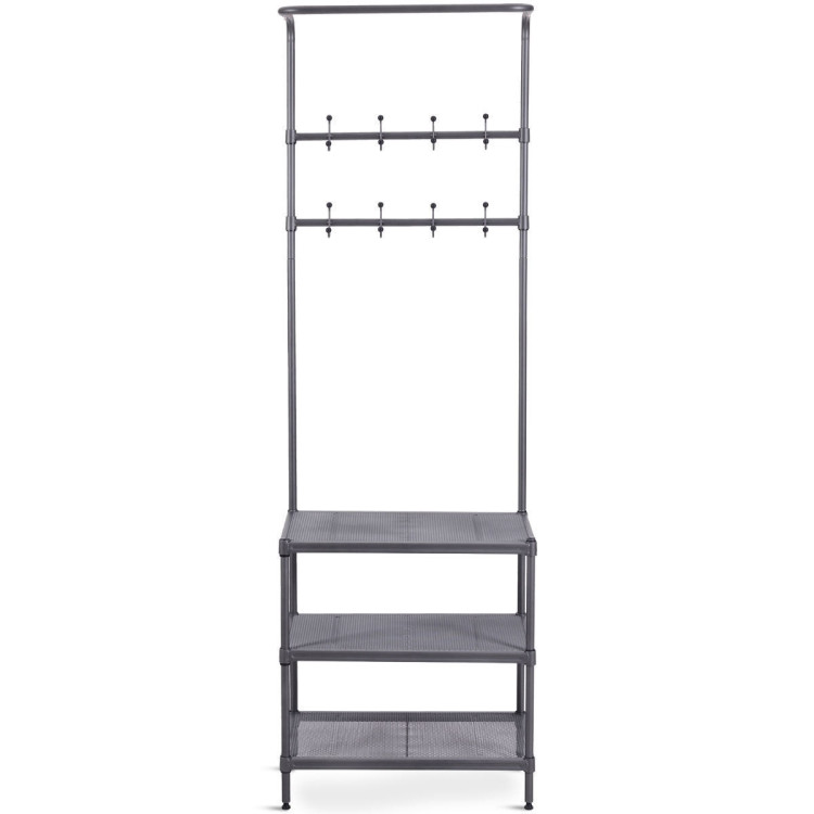 3-in-1 Coat Rack Shoe Bench with Storage Shelves and Adjustable Foot PadsCostway Gallery View 5 of 11