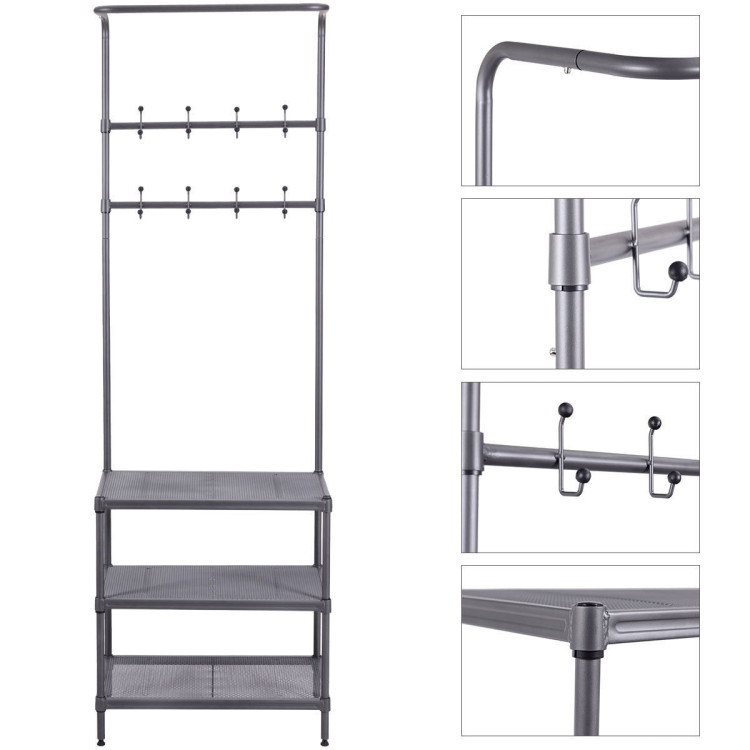 3-in-1 Coat Rack Shoe Bench with Storage Shelves and Adjustable Foot PadsCostway Gallery View 6 of 11
