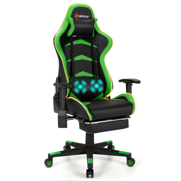 Massage LED Gaming Chair with Lumbar Support and Footrest-GreenCostway Gallery View 1 of 12