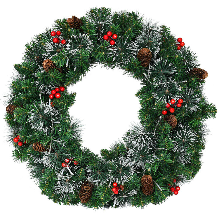 24 Inch Pre-lit Christmas Spruce Wreath with 8 Flash ModesCostway Gallery View 1 of 12