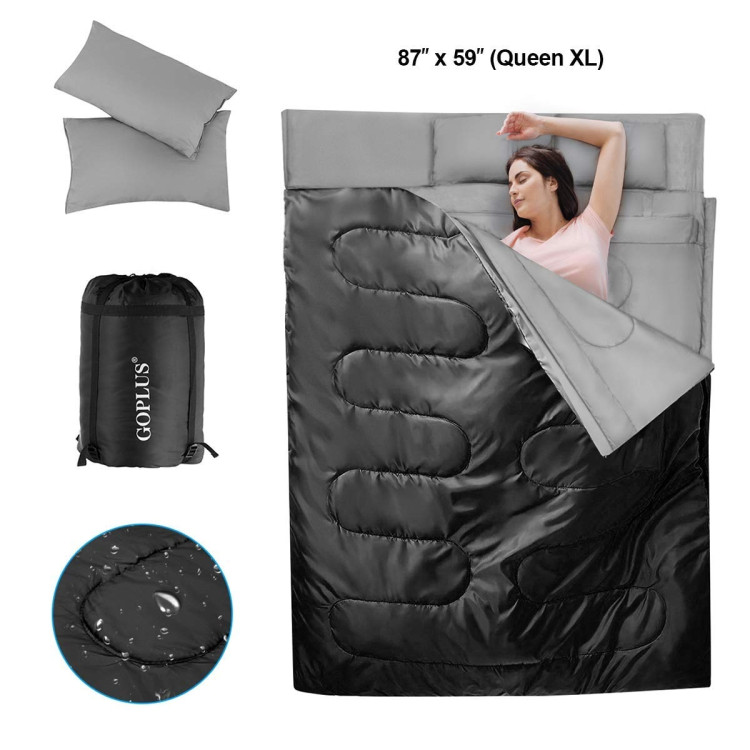 2 Person Waterproof Sleeping Bag with 2 Pillows-BlackCostway Gallery View 8 of 17