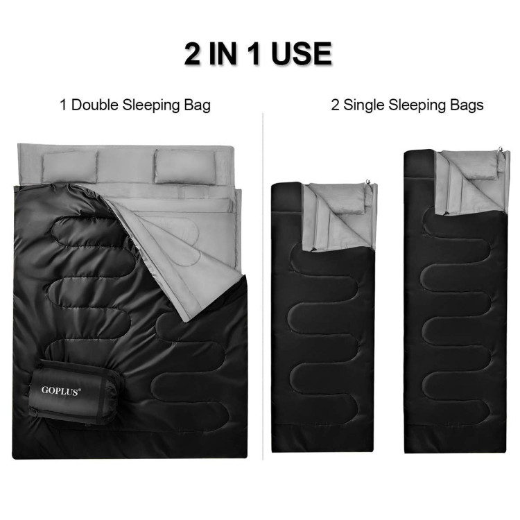 2 Person Waterproof Sleeping Bag with 2 Pillows-BlackCostway Gallery View 6 of 17