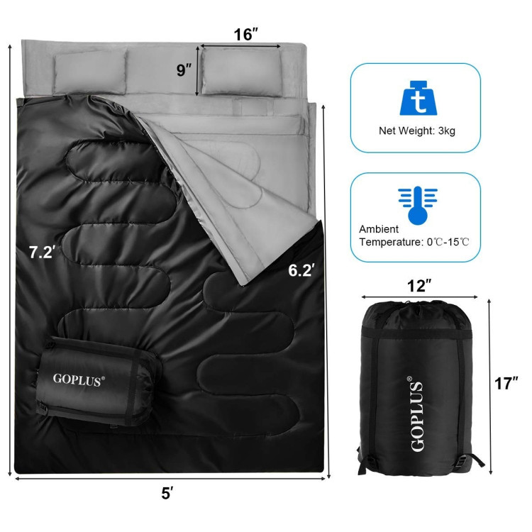 2 Person Waterproof Sleeping Bag with 2 Pillows-BlackCostway Gallery View 4 of 17