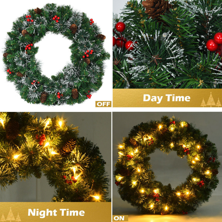 24 Inch Pre-lit Christmas Spruce Wreath with 8 Flash ModesCostway Gallery View 3 of 12