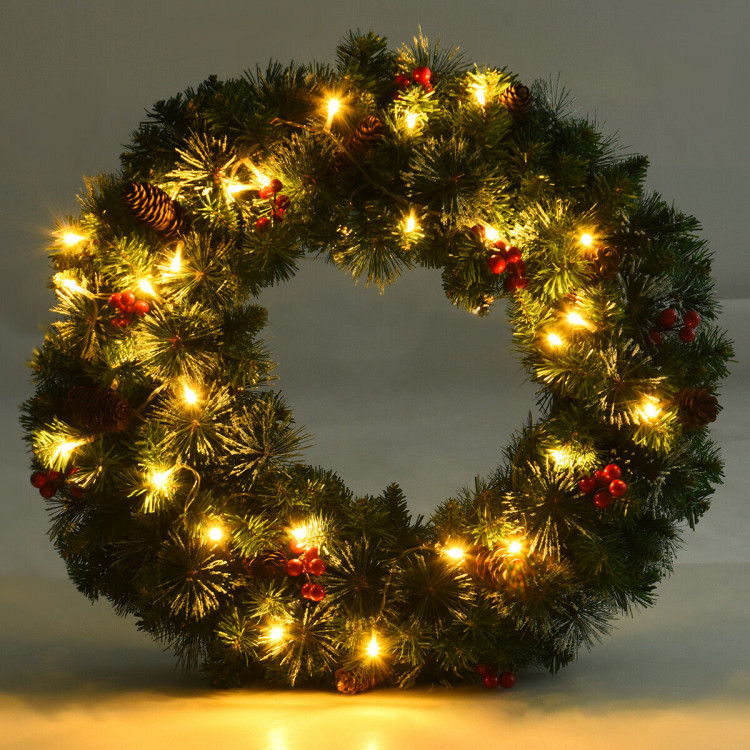 24 Inch Pre-lit Christmas Spruce Wreath with 8 Flash ModesCostway Gallery View 9 of 12