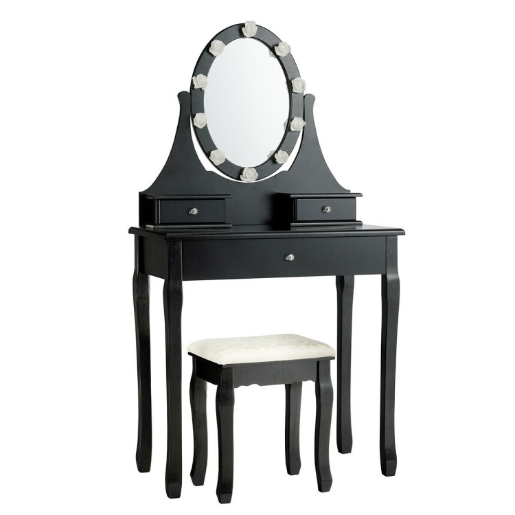 3 Drawers Lighted Mirror Vanity Dressing Table Stool Set-BlackCostway Gallery View 1 of 12