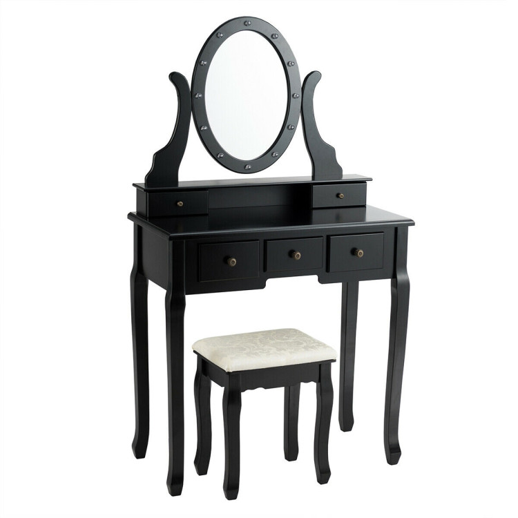 5 Drawers Vanity Table Stool Set with 12-LED Bulbs-BlackCostway Gallery View 5 of 12