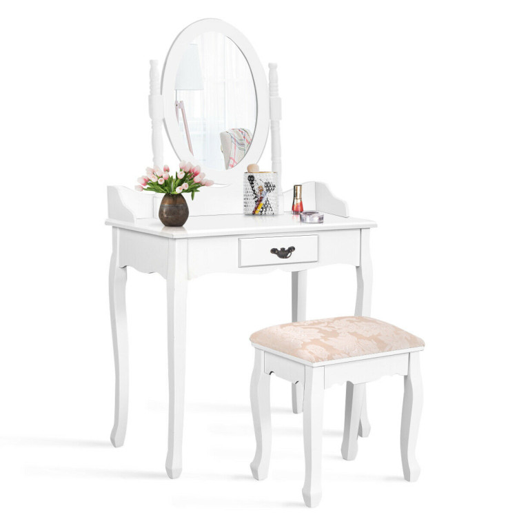 Wooden Vanity Makeup Set with Cushioned Stool and Oval Rotating MirrorCostway Gallery View 8 of 10