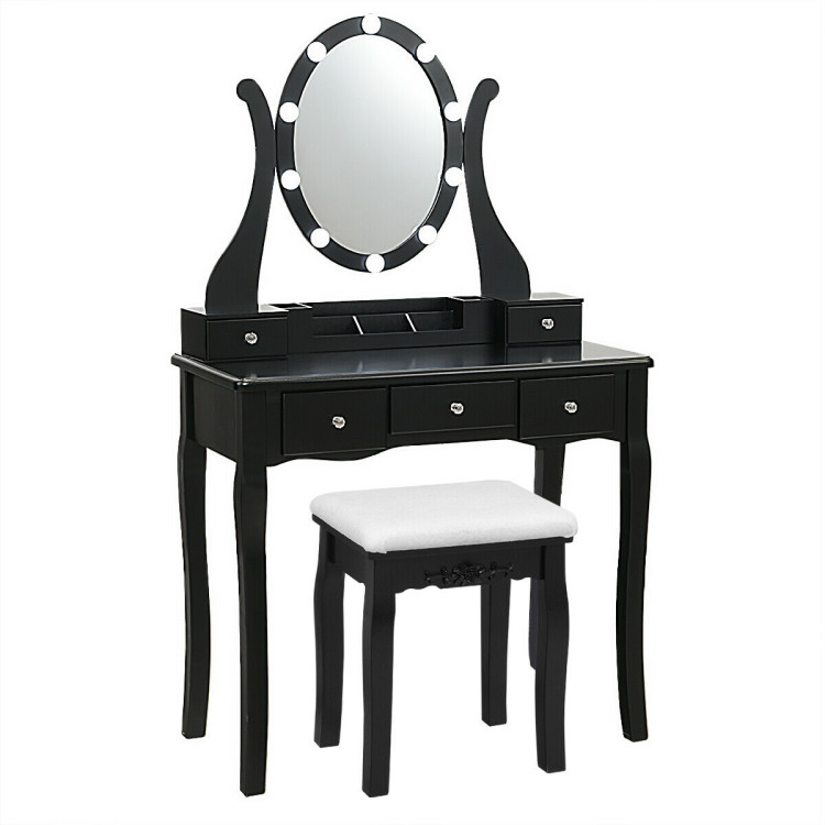 10 Dimmable Lights Vanity Table Set with Lighted Mirror and Cushioned Stool-BlackCostway Gallery View 1 of 11