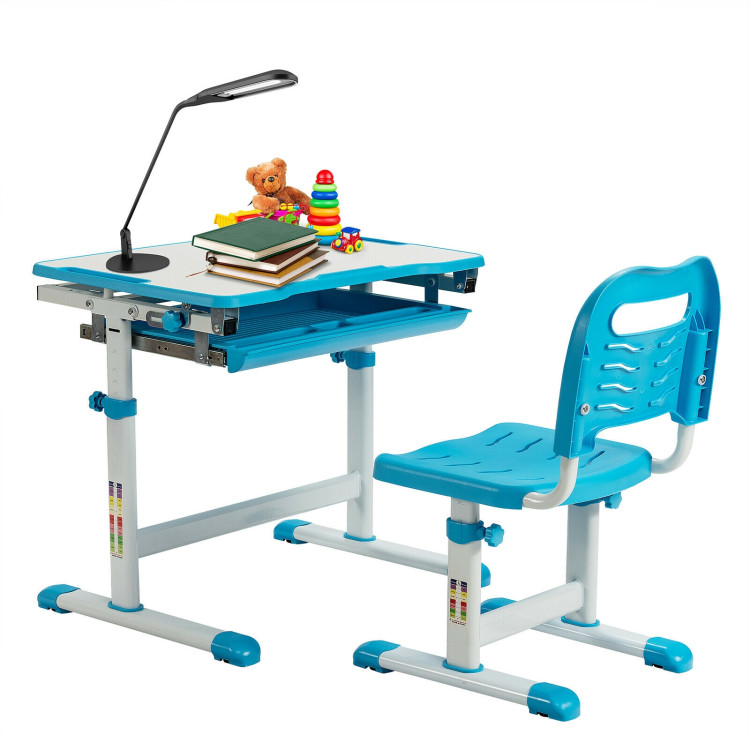 Kids Height Adjustable Desk and Chair Set with Tilted Tabletop and Drawer-BlueCostway Gallery View 8 of 12