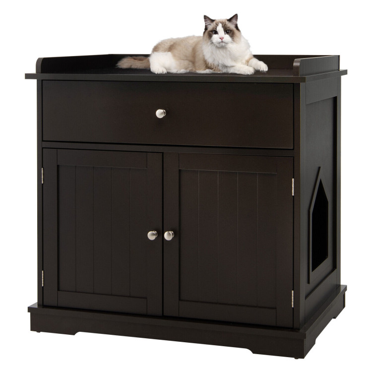 Wooden Cat Litter Box Enclosure with Drawer Side Table Furniture-BrownCostway Gallery View 3 of 10