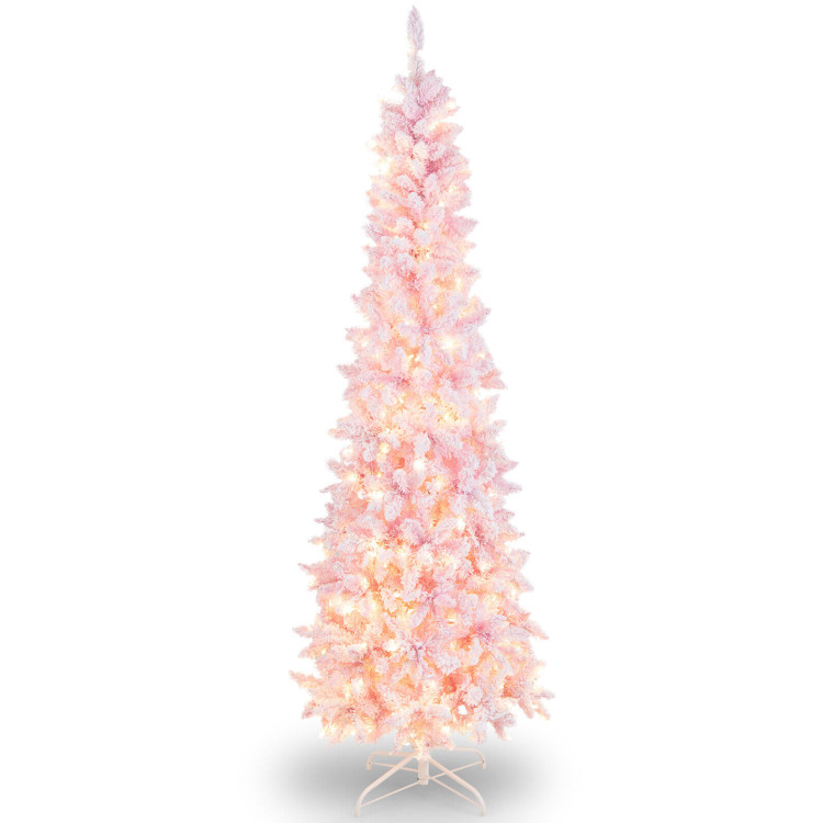 7 Feet Pre-Lit Snow Flocked Hinged Pencil Christmas Tree with 300 Lights and 8 ModesCostway Gallery View 1 of 12