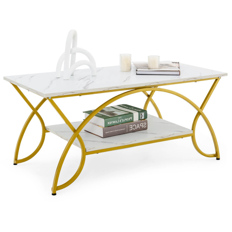 2-Tier Coffee Table Gold Rectangle for Living Room-WhiteCostway Gallery View 10 of 12