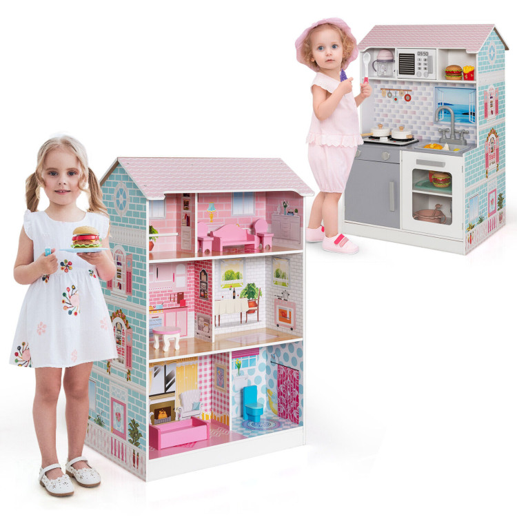 2-In-1 Double Sided Kids Kitchen Playset and Dollhouse with FurnitureCostway Gallery View 7 of 11