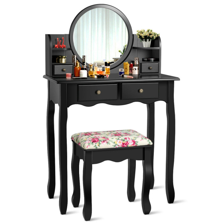 Makeup Vanity Table Set Girls Dressing Table with Drawers Oval Mirror-BlackCostway Gallery View 4 of 11