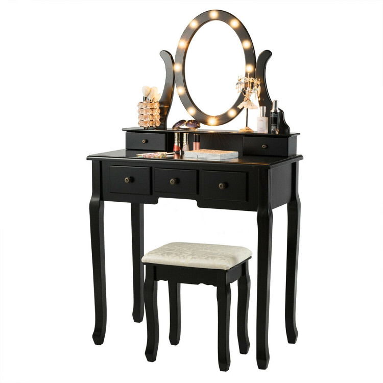 5 Drawers Vanity Table Stool Set with 12-LED Bulbs-BlackCostway Gallery View 4 of 12