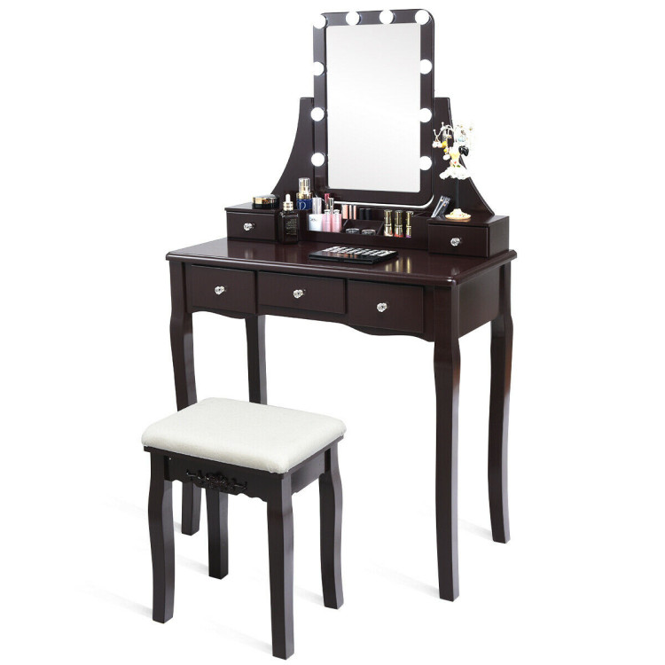10 Dimmable Light Bulbs Vanity Dressing Table with 2 Dividers and Cushioned Stool-CoffeeCostway Gallery View 8 of 11