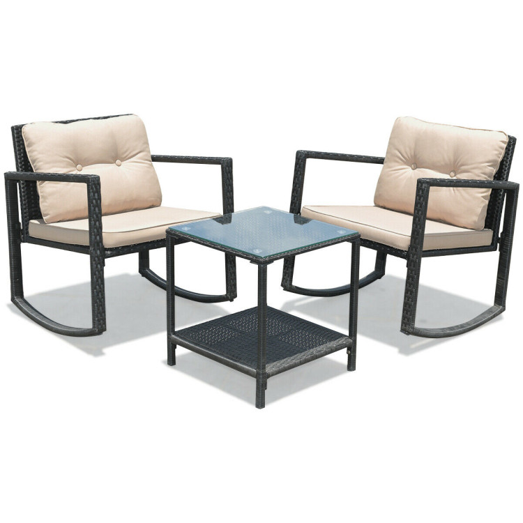 JY QAQA Outdoor 3-Piece Rocking Bistro Set Patio Wicker Furniture Conversation Sets-2 Chairs with Glass Coffee Table Khaki Cushion 