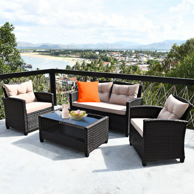 4 Pieces Outdoor Rattan Armrest Furniture Set Table with Lower ShelfCostway Gallery View 6 of 10