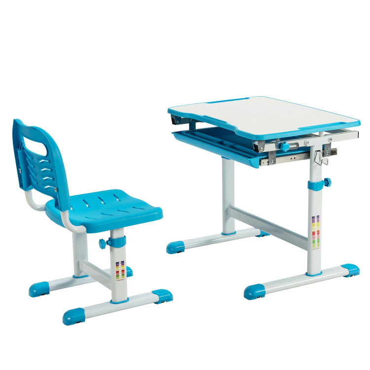 Kids Height Adjustable Desk and Chair Set with Tilted Tabletop and Drawer-BlueCostway Gallery View 3 of 12