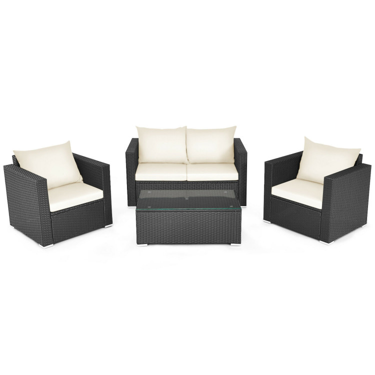 4 Pieces Patio Rattan Conversation Set with Padded Cushion and Tempered Glass Coffee Table-WhiteCostway Gallery View 3 of 11