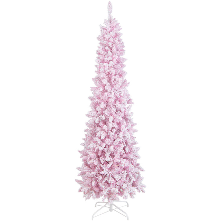 7 Feet Pre-Lit Snow Flocked Hinged Pencil Christmas Tree with 300 Lights and 8 ModesCostway Gallery View 8 of 12