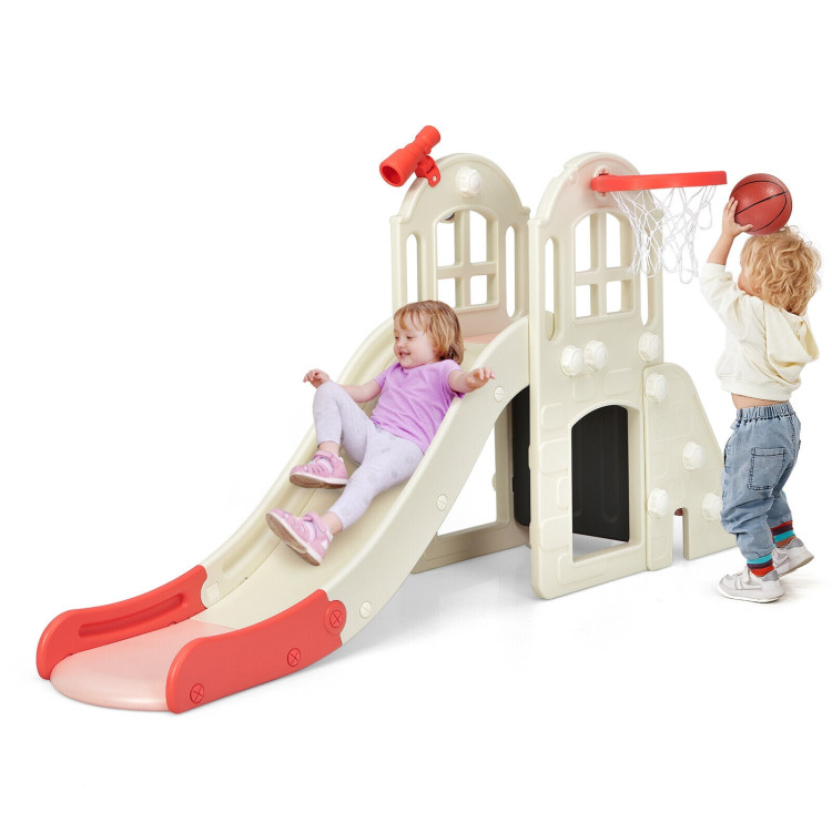 6-In-1 Large Slide for Kids Toddler Climber Slide Playset with Basketball Hoop-PinkCostway Gallery View 7 of 11