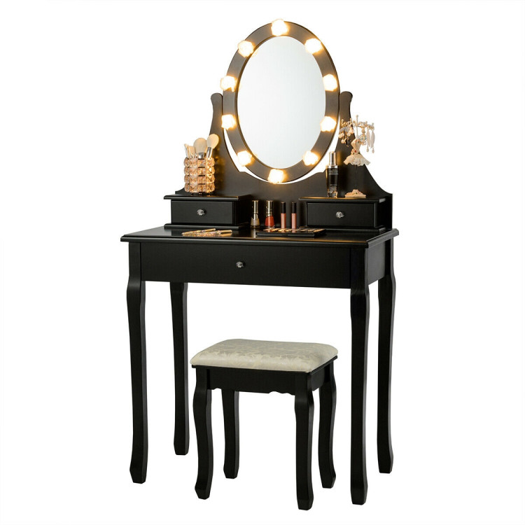 3 Drawers Lighted Mirror Vanity Dressing Table Stool Set-BlackCostway Gallery View 5 of 12